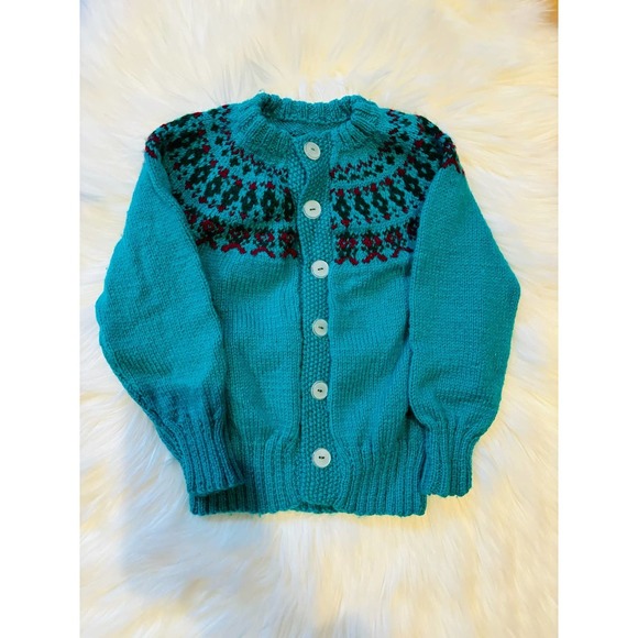 Handmade Other - Handknit Icelandic Fair Isle Style Wool Cardigan Sweater | Green Red | 5T